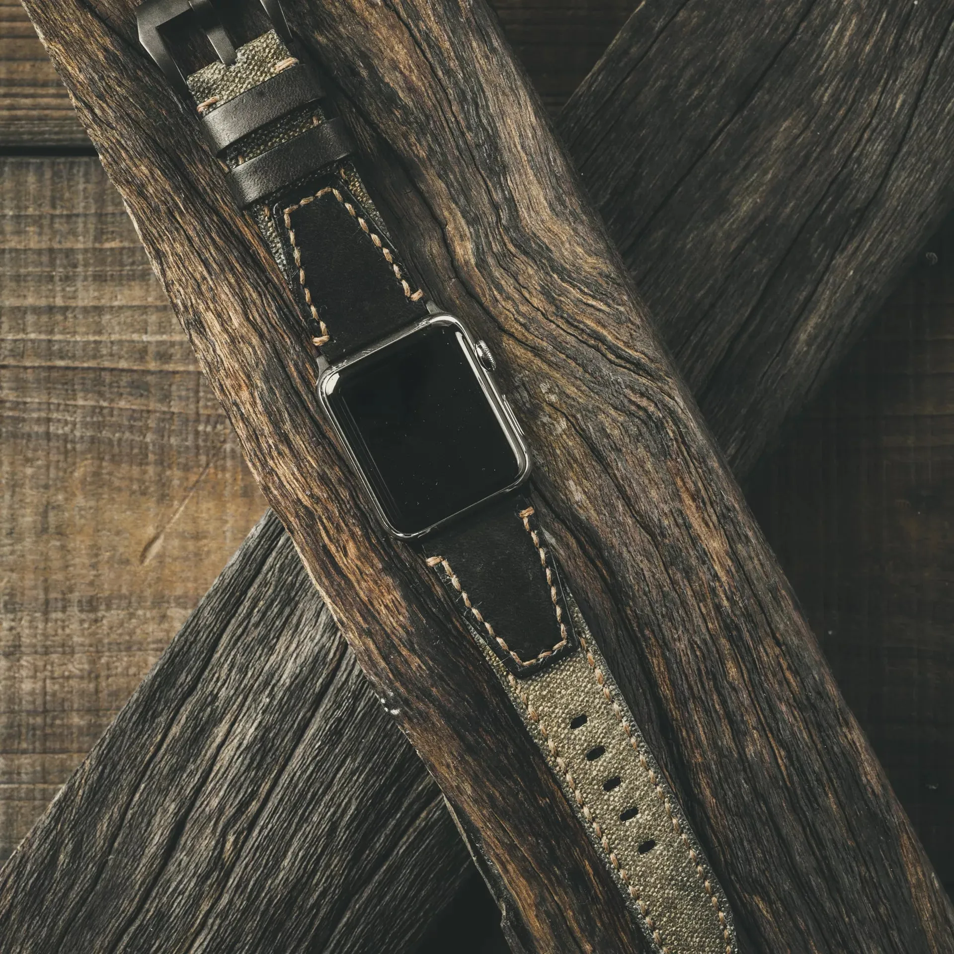 Salt & Pepper Swiss Army Rucksack Handmade Strap. Black Leather (for Apple Watch)