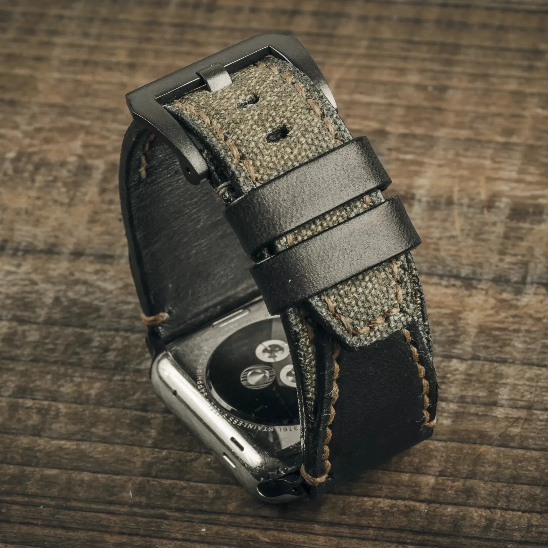 Salt & Pepper Swiss Army Rucksack Handmade Strap. Black Leather (for Apple Watch)