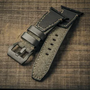 Salt & Pepper Swiss Army Rucksack Handmade Strap. Black Leather (for Apple Watch)