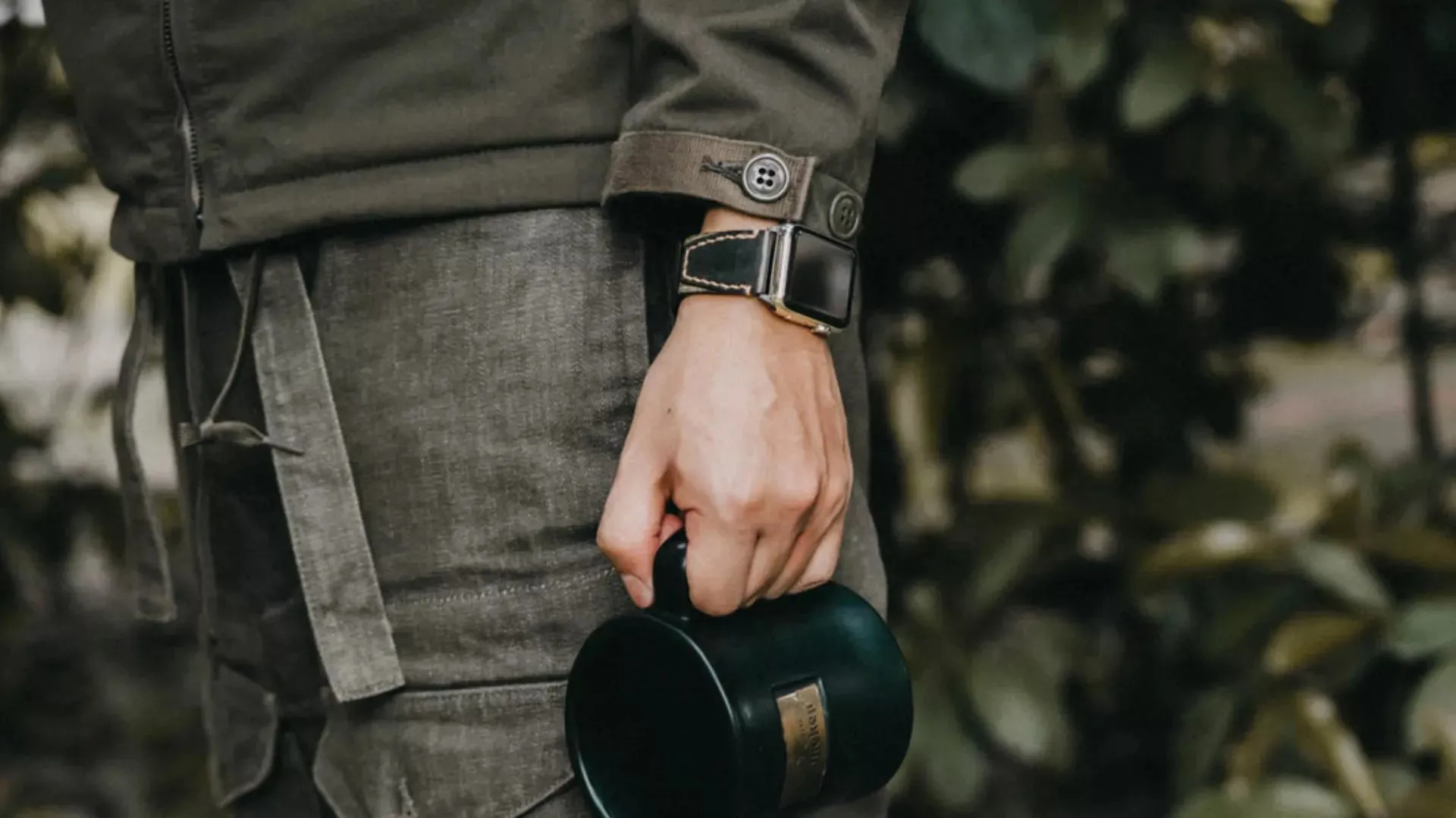 Salt & Pepper Swiss Army Rucksack Handmade Strap. Black Leather (for Apple Watch)
