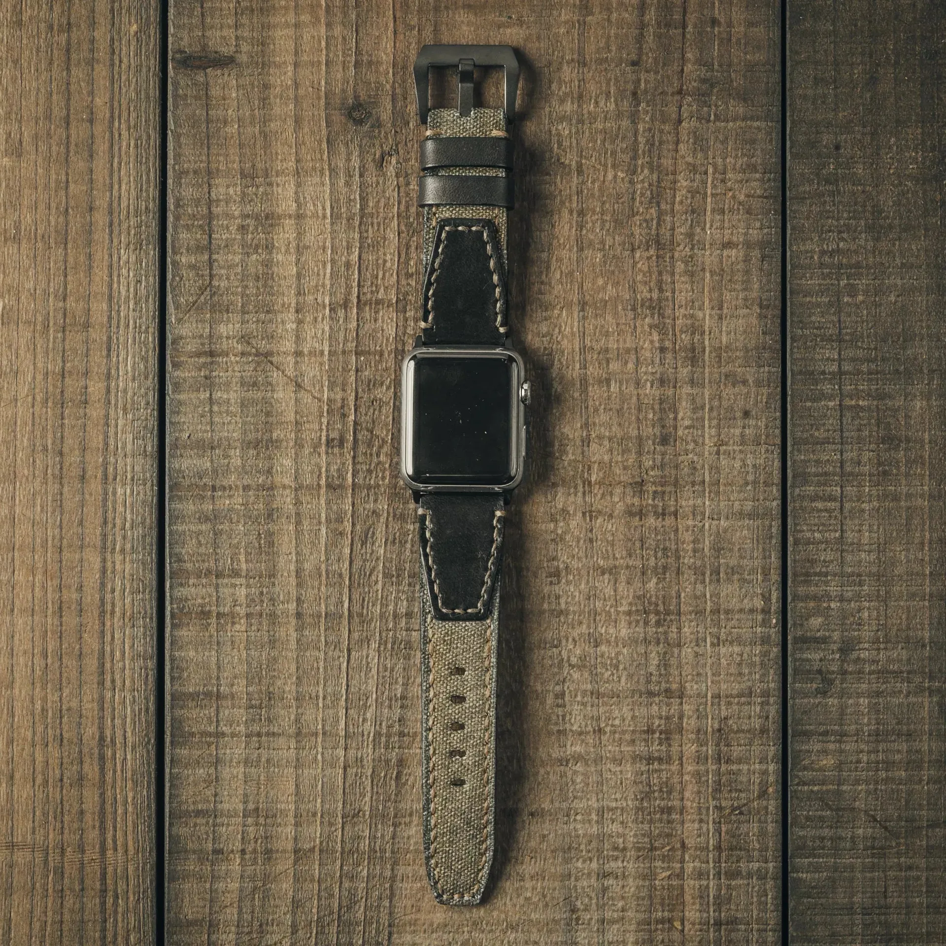 Salt & Pepper Swiss Army Rucksack Handmade Strap. Black Leather (for Apple Watch)
