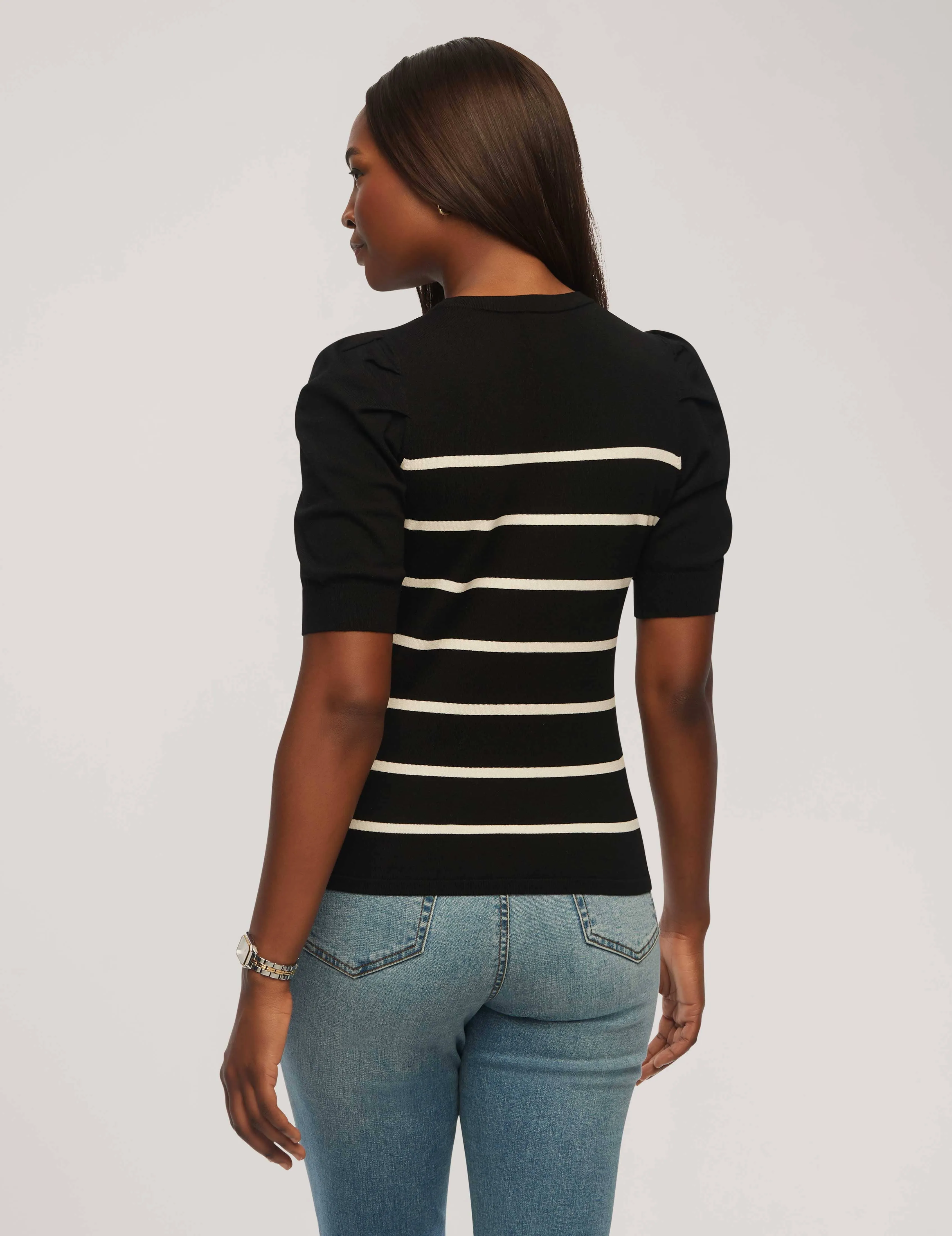 Short Puff Sleeve Crew Neck With Stripes- Sale