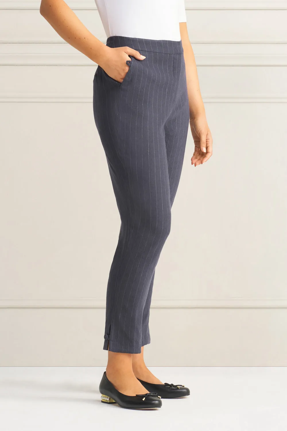 Tab Detail Linen Pant - Charcoal Pinstripe
