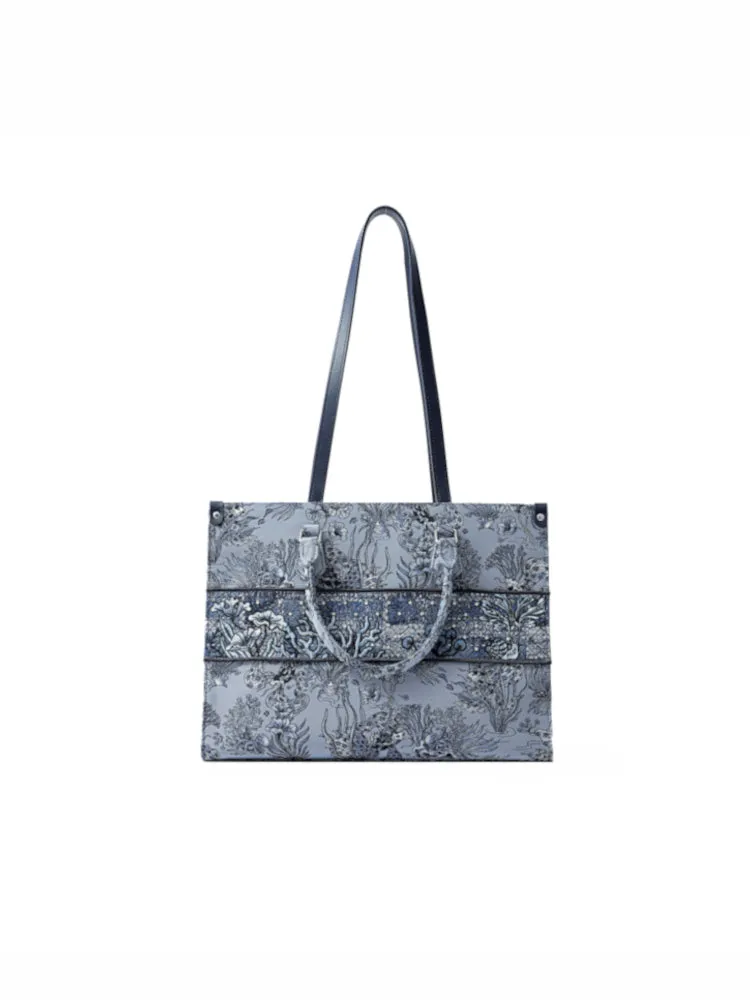 Under the Sea Jacquard with Leather Large Tote Bag